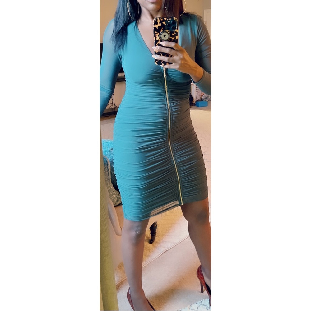 Guess emerald green ruched zip dress Medium